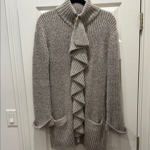 Pedro del Hierro Women's tan dress Ribbed Ruffle-Front Sweater Cardigan. Sz. S